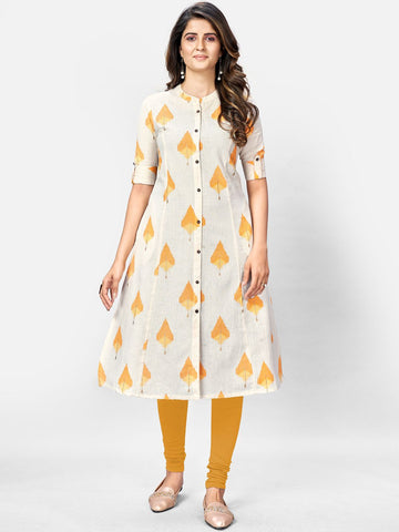Vbuyz Women's Printed A-Line Cotton Beige Kurta Roposo Clout